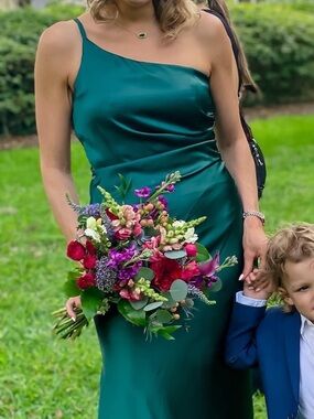 Revelry Emerald One-Shoulder Satin Bridesmaid Dress